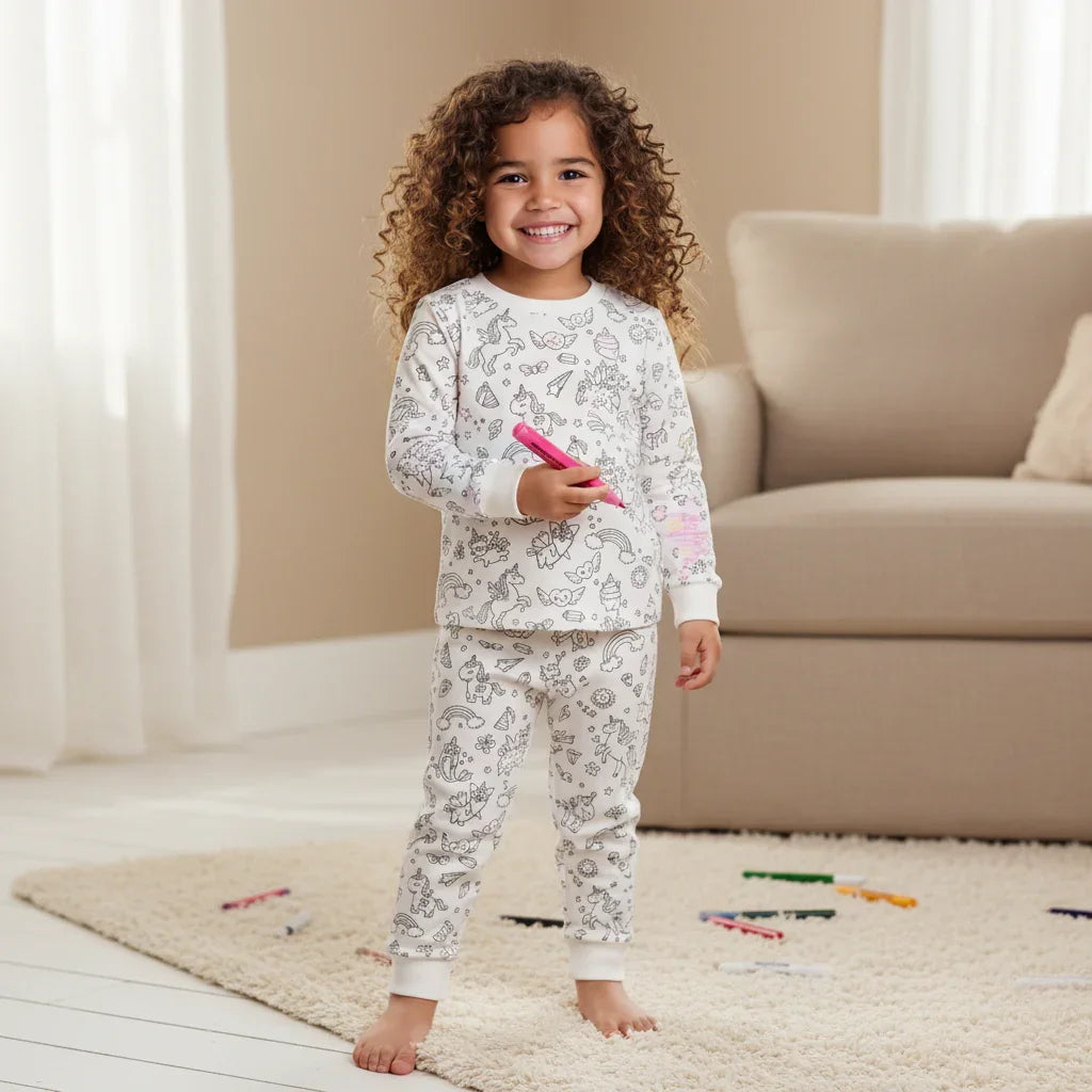 KYK Funwear Colorable & Washable Girls Pajama Set – Unicorns + 12 Colors - KYK Funwear