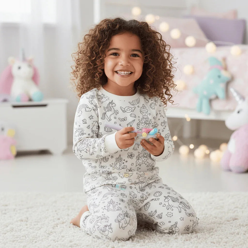 KYK Funwear Colorable & Washable Girls Pajama Set – Unicorns + 12 Colors - KYK Funwear